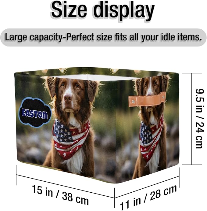 Personalized Storage Basket with Name, Rectangle Toys Pet Dog Storage Bin with Handles for Baby, Boys, Girls, Collapsible Basket for Clothes, Books