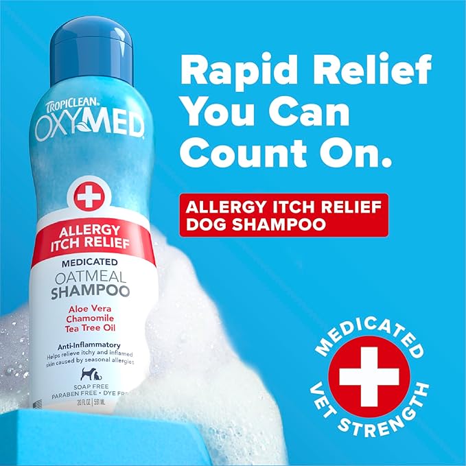 TropiClean OxyMed Dog Shampoo for Allergies and Itching, Gentle Moisturizing Oatmeal & Aloe Shampoo for Seasonal Allergies & Skin Irritants, 20oz