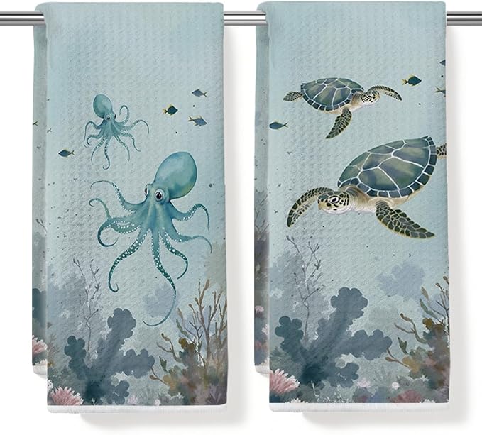 2PCS Vintage Octopus Sea Turtle Kitchen Towels 14x24 Inch, Absorbent Microfiber Decorative Dish Cloth Tea Towel, Ocean Theme Waffle Hand Towels for Kitchen Home Bathroom, Housewarming Gifts for Women