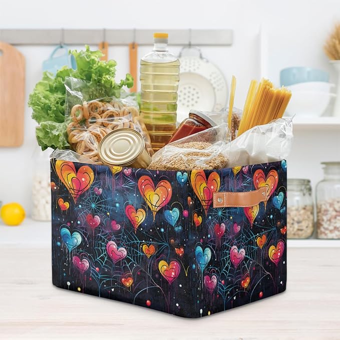 Storage Baskets for Shelves, Fabric Storage Cubes Closet Organizers and Storage Bins with Handles Home Organization, 15x11x9.5 inch(Fluorescent Spider Web Love)