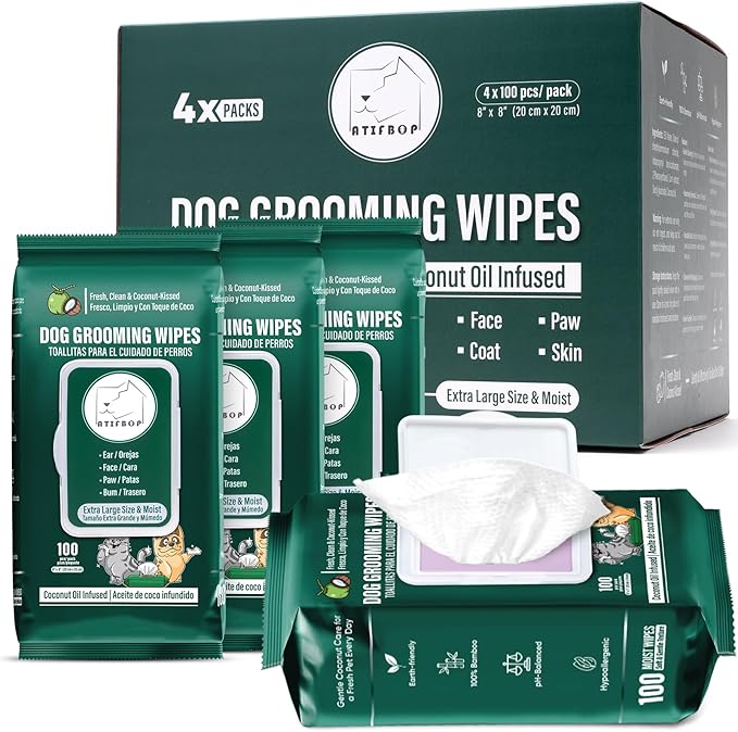 ATIFBOP Dog Wipes for Paws and Butt, Aluminum Moisture-Lock Seal, Hypoallergenic Pet Grooming Wipes, 400 Wipes for Cleaning & Grooming Moisturizing Coconut