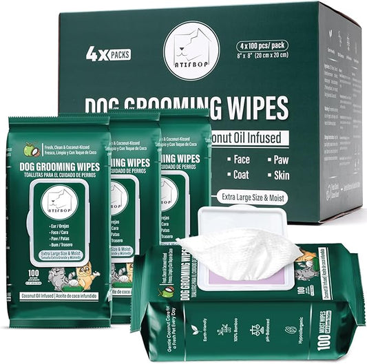 ATIFBOP Dog Wipes for Paws and Butt, Aluminum Moisture-Lock Seal, Hypoallergenic Pet Grooming Wipes, 400 Wipes for Cleaning & Grooming Moisturizing Coconut