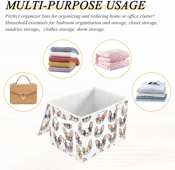 Dog Glasses Pattern Storage Bins with Lids Closet Bedroom 40L Fabric Bin | Decorative Storage Boxes, Foldable & Stackable, Dust-Proof Flip Top, Reinforced Handles, For Home & Dorm, Clothes & Toy Box