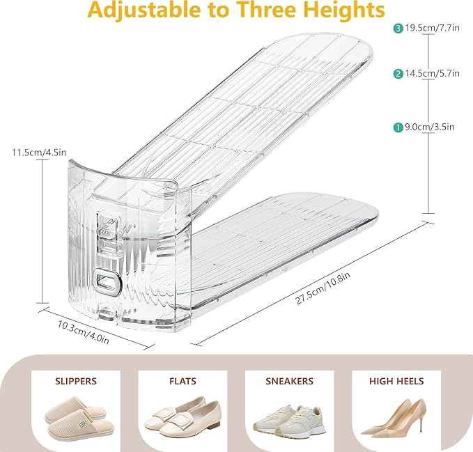 30-Pack Adjustable Shoe Slots Organizer for Closet, Clear | 30 transparent PET shoe stackers organize up to 30 pairs; 3 adjustable height levels for sneakers, heels, and flats.