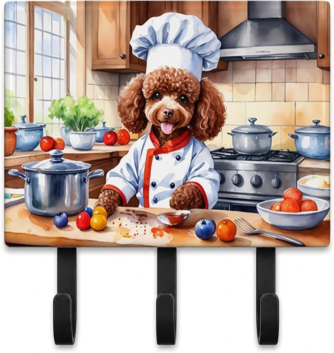 Caroline's Treasures Chocolate Poodle The Chef Leash or Key Holder Wall Hooks, Key Hooks Holder, Coat Rack Wall Mount, Coat Hooks, Hooks for Hanging Keys, Towels, Aprons, Leashes | Chocolate Poodle The Chef artwork on ceramic tile with three steel hook...