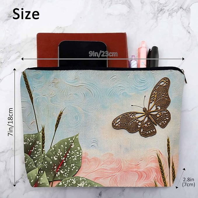 Women Cosmetic Bag Butterfly, Pond Green Leaves Floral Butterflies Cute Makeup Bag For Purse Cosmetic Travel Bag For Toiletries Makeup Storage Bag Flax Skincare Bag Make Up Pouch Bags