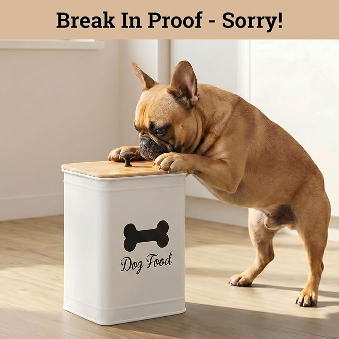 Metal Dog Food Container 5-7lb, 25 Cup w/ Airtight Bamboo Lid, Metal Handle | Pet Jar For Dogs up to 50lbs, Airtight Bamboo Lid, Sturdy Comfortable Metal Handle, Powder Coated Iron, Kibble Storage Bin