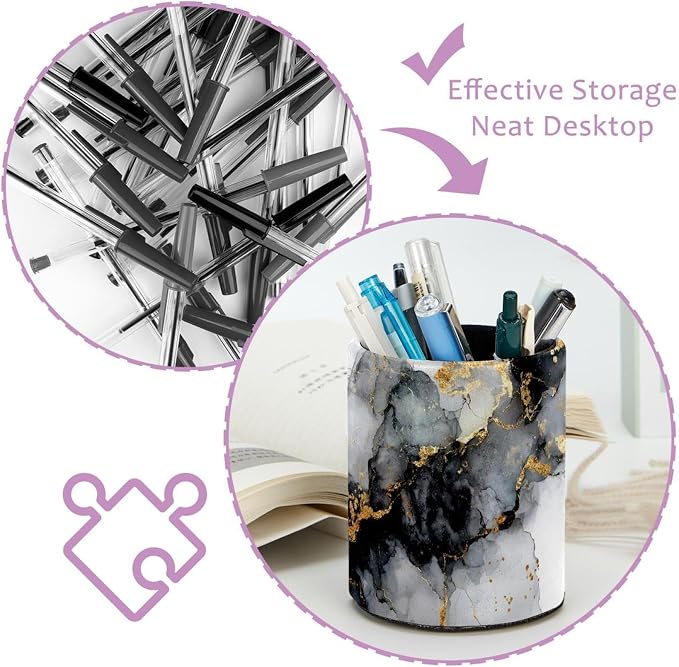 Faux Leather Pen Holder for Desk, Pencil Organizer Marble Texture Pen Cup Desk Decor Makeup Brush Holder Storage for Office Home