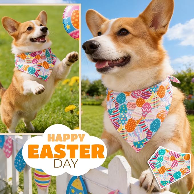 Easter Dog Bandana Colorful Eggs - Pet Scarf with Adjustable Snap Button Cute Holiday Costumes, Medium to Large Breeds (30-75lbs)