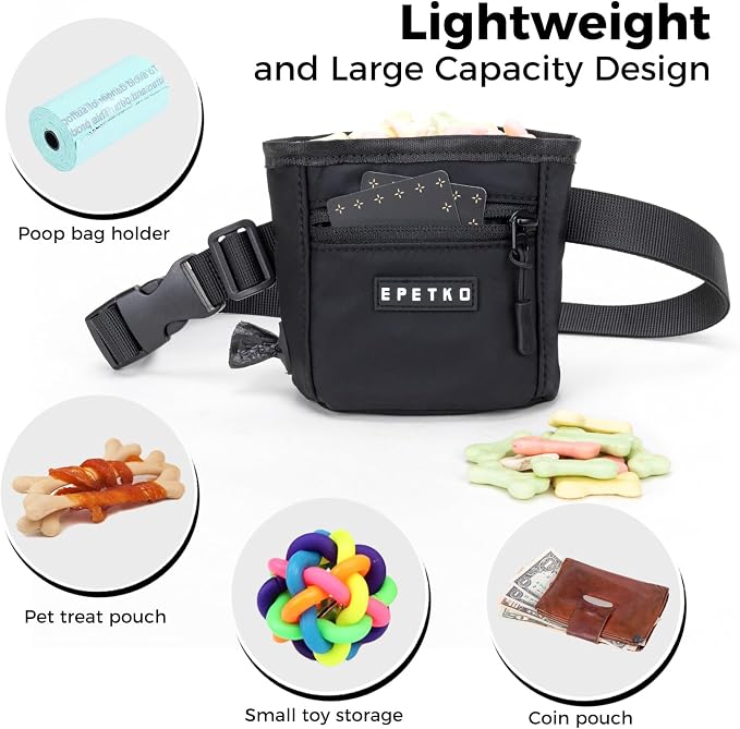 Dog Treat Pouch, Powerful Magnet Closure Device Dog Training Treat Bag Large Capacity Pet Treat Pouch with Poop Bag Dispenser Treat Bag for Dog Training with Metal Waistband Clip (Black)