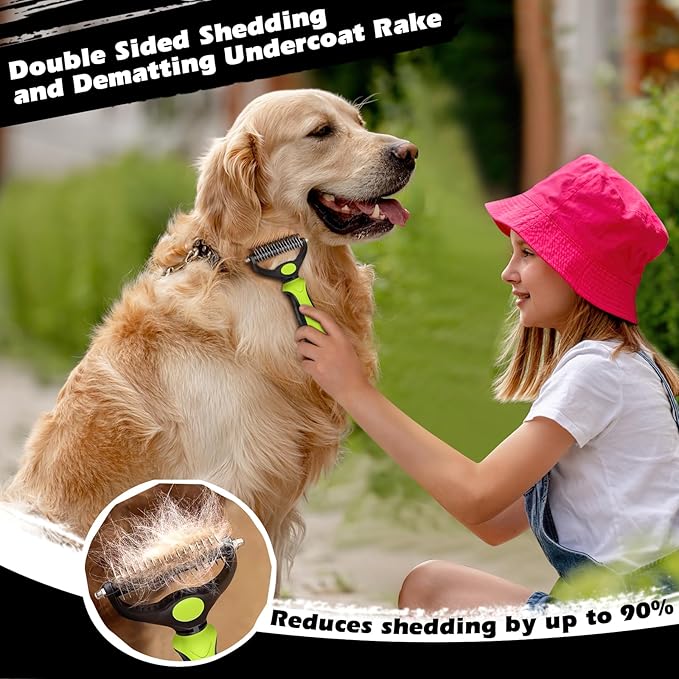 3PCS Self Cleaning Slicker Brush & Pet Grooming Rake & Flea Comb for Dogs,Cats and Horses | Double-Sided Dematting Comb & Skin Friendly Deshedding Grooming Tool (Green)