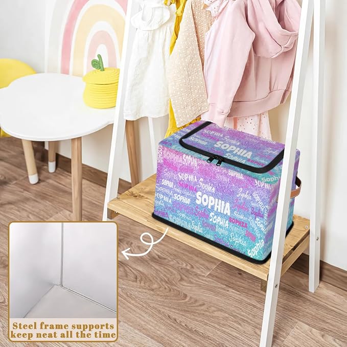 Custom Name Storage Bin with Lid Zipper, Personalized Rectangular Storage Basket with Handles for Organizing Boys Girls Toys Office Closet Shelf Baskets, Gradient Purple Blue Glitters Print