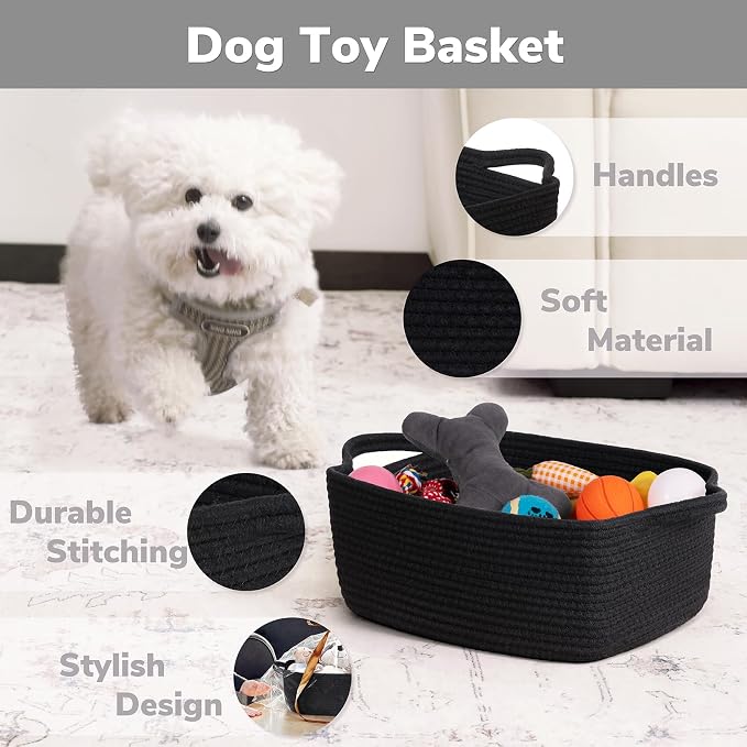 CHICVITA Small Woven Rope Gift Basket, Decorative Boo Basket, Black | 13" x 10" x 5" Storage Baskets for Toys, Towels & Books, Fits Bathroom & Nursery Organization, Built-In Handles, Rectangle