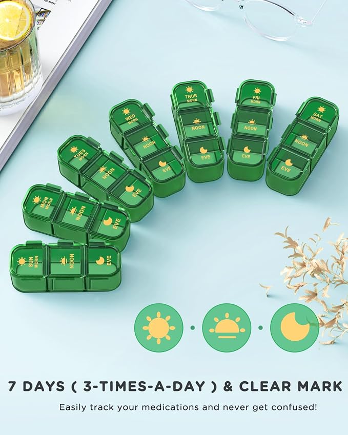 Acedada Pill Organizer 3X A Day, 7-Day Pill Box 3 Times A Day, Green | Weekly Medicine Box Organizer, 7 Detachable Portable Daily Pill Container Dispenser Case for Vitamins Fish Oils Supplements