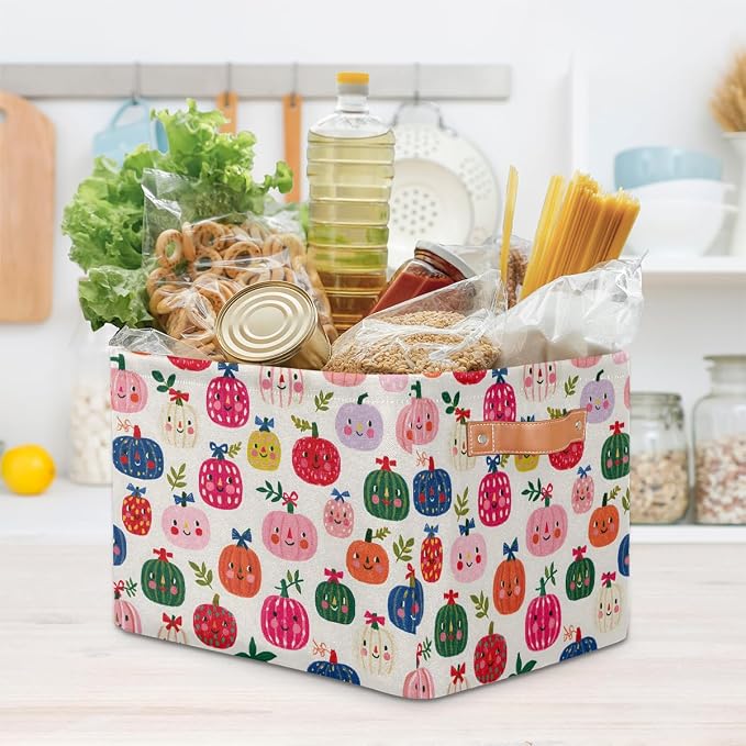 Pardick Autumn Basket Storage Bins Rectangle Canvas Basket Cube Storage Box | Nursery Foldable Basket with Handle for Kids Girls Boys Toys Living Room Closet Organizer Shelf Gifts Fall Decor (132)