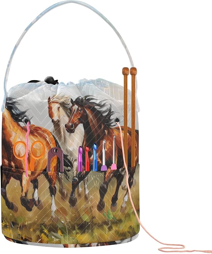 Fustylead Horses Galloping on Grassland Oil Painting Yarn Knitting Crochet Drawstring Bag with Customized Front Compartment, Portable Large Storage Basket for Crocheting Project, Yarn Ball, Needles
