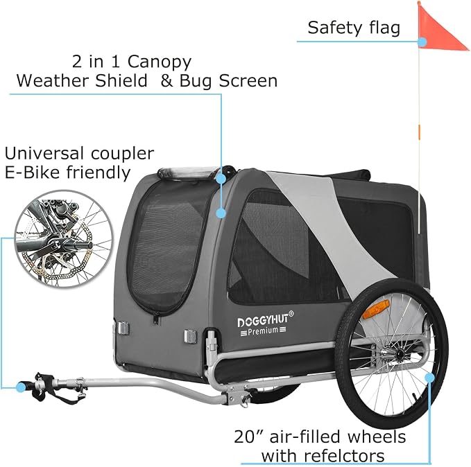 DOGGYHUT® Premium X Large Pet Bike Trailer Up to 100 lbs (Gray) | Bicycle Trailer for Small Medium or Large Dogs, Dog Bicycle Carrier, Low Center of Gravity, Folding Frame Cart