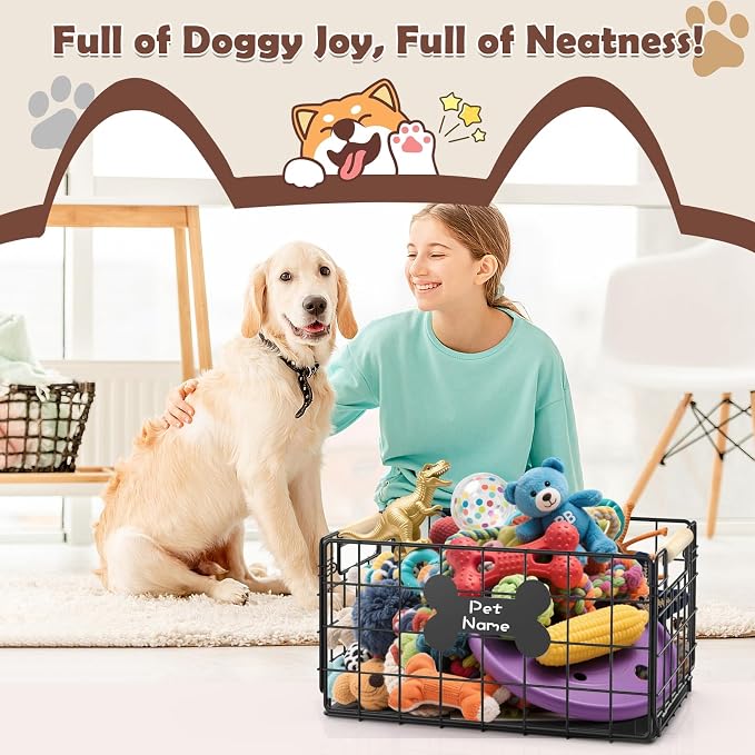 Dog Toy Basket, Foldable Metal Dog Toy Bin 15''×10.63''×8.27'' | Chew-Proof Basket with Handles, Pet Stuff Storage Organizer Box, Marker Pen, Portable Puppy Toys Basket for Living Room