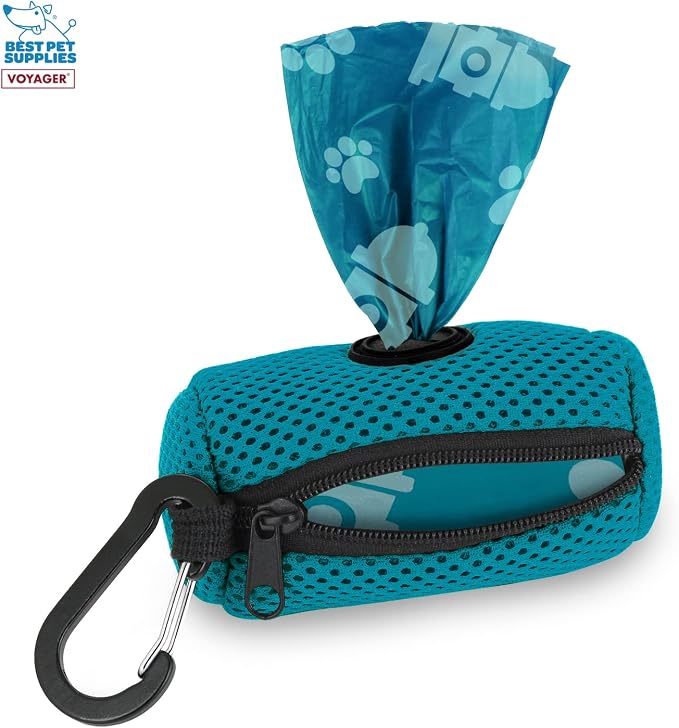 Best Pet Supplies Dog Poop Bag Holder Leash Attachment with Reusable Dispenser for Travel, Walking, Park, and Outdoor Use, Durable with Clip-On - Turquoise, Mesh Dispenser w/15 Bags