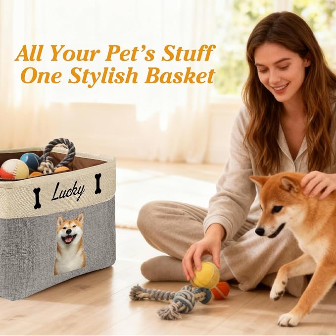 Personalized Dog Cat Toy Storage Basket with Photo & Name, Custom Collapsible Pet Organizer Bin with Handles for Toys, Clothes, Blankets & Pet Supplies