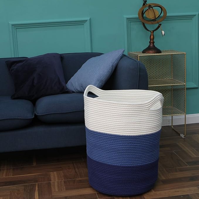 Sea Team Large Woven Cotton Rope Laundry Basket with Handles, 20 x 14 in | Collapsible Knitted Hamper, Closet Shelf Organizers, Containers for Clothing, Blankets, Toys, Bedding, Navy