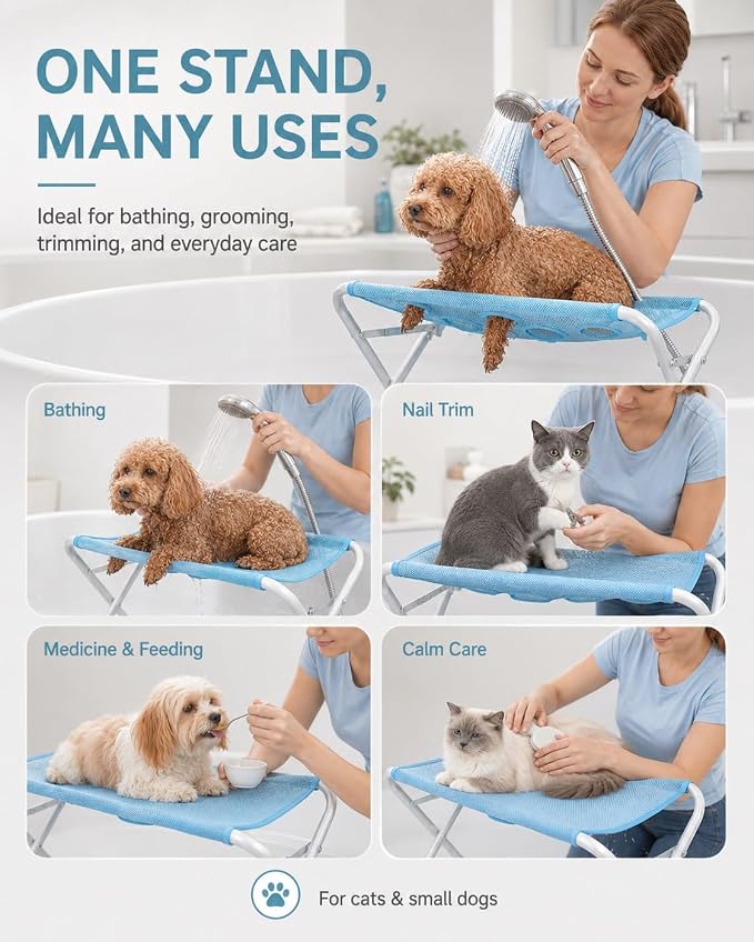 Foldable Pet Bathing Stand, Dog Grooming Hammock for Cats and Small Dogs | Portable Shower Rack with 8-Hole Quick-Dry Mesh, 44 lb Capacity | Home Washing, Trimming & Nail Care(Blue)
