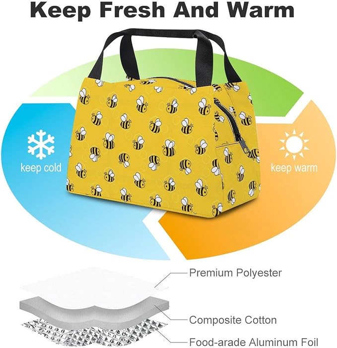 Portable Insulated Cooler Lunch Bag, Yellow Bees And Honey | Lightweight Food Storage Bags, for Outdoor Activities Office Picnics Vacation, Leakproof and Spacious Camping Bag