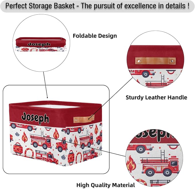 Personalized Foldable Storage Basket with Name for Boys, Laundry Hamper Dirty Clothes Pet Toys Storage Bin with Handles for Shelf Home Closet Kitchen, Fire Engines Cartoon