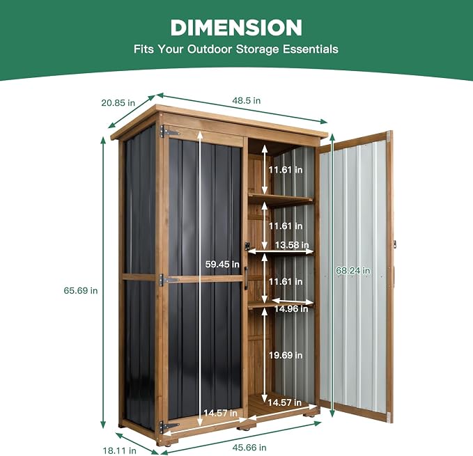 Ketive Outdoor Storage Cabinet, Wood & Metal Storage Shed with Weather-Resistant Roof, Double Lockable Doors, Removable Shelves & Adjustable Feet, for Patio, Backyard, Poolside, 46" x 18" x 68"