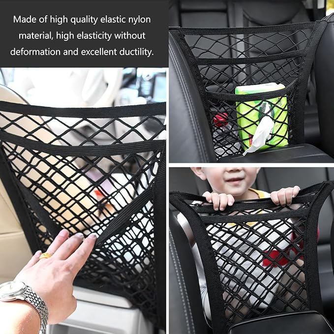 3-Layer Car Mesh Organizer, Seat Back Net Bag Stretchable Barrier of Backseat Pet Kids, Four-Side Elastic Storage Netting Pouch Cargo Tissue Purse Holder Between Front Seats
