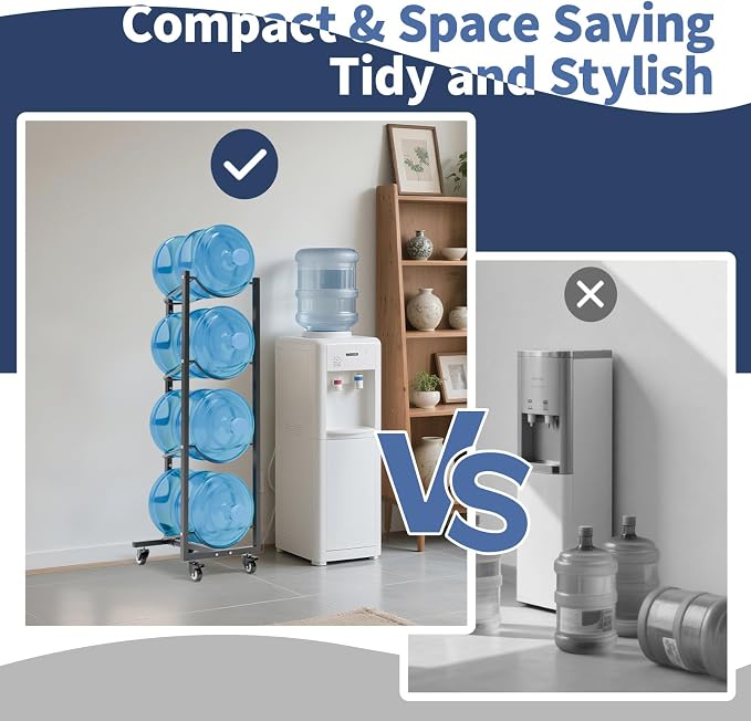 5 Gallon Water Jug Holder with 4 Wheels: 5 Gal Bottle Storage Rack | Movable|Easy to assemble|Heavy Duty Steels|70% Space Saving|Anti-Tip|Stackable|4 Tier|360°Locking Wheels|Home|Kitchen|Garage
