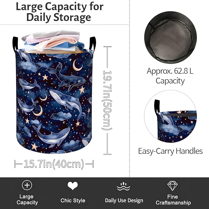 Dreamy Whale Laundry Basket, Moon Star Night Sky Foldable Oxford Cloth, Waterproof Dirty Clothes Hamper with Handles, Clothing Storage Bin Toy Organizer for Bedroom Dorm Bathroom, 19.7"x15.7"
