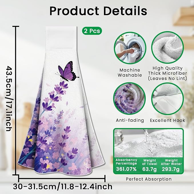 CUTHOLLOW Purple Lavender Flower Hanging Kitchen Towels with Loop, Set of 2 - Soft & Super Absorbent Microfiber Decorative Hanging Dish & Hand Towel, Tea Coffee Towel for Kitchen Bathroom Oven Handle