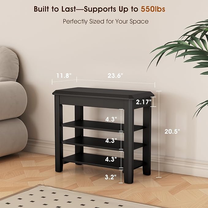 IUNVR Shoe Rack Bench Seat Rubberwood 3-Tier Wooden Storage Bench 550lbs Compact Mid-Century Modern Design for Entryway, Hallway, Closet, Front Door Entrance, Foyer