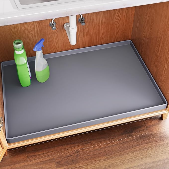 FLATO Waterproof Under Sink Mat, 25" x 22", Dark Gray | Shelf Liner for Kitchen and Bathroom, Cabinet Protector, Organizers and Storage, Flexible Silicone Drip Tray