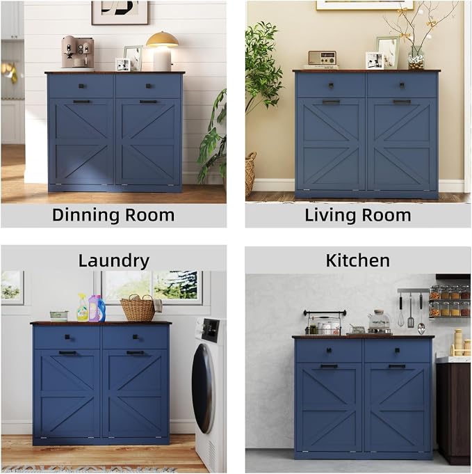 Double Tilt Out Trash Can Cabinet for 20 Gallon,Hidden Dual Laundry Cabinets with 2 Drawers & 2 Baskets, Barn Door Style Garbage Cabinet for Kitchen (Blue)
