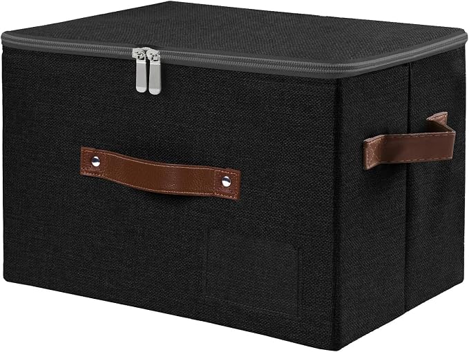 ANMINY Storage Box Fabric Bins with Zipper Lid, 15"x10"x10" Black | Keepsake Box, Decorative, Cotton Linen, Reinforced PP Board Frame, Washable, Stackable & Foldable, Label Holder & PU Handles