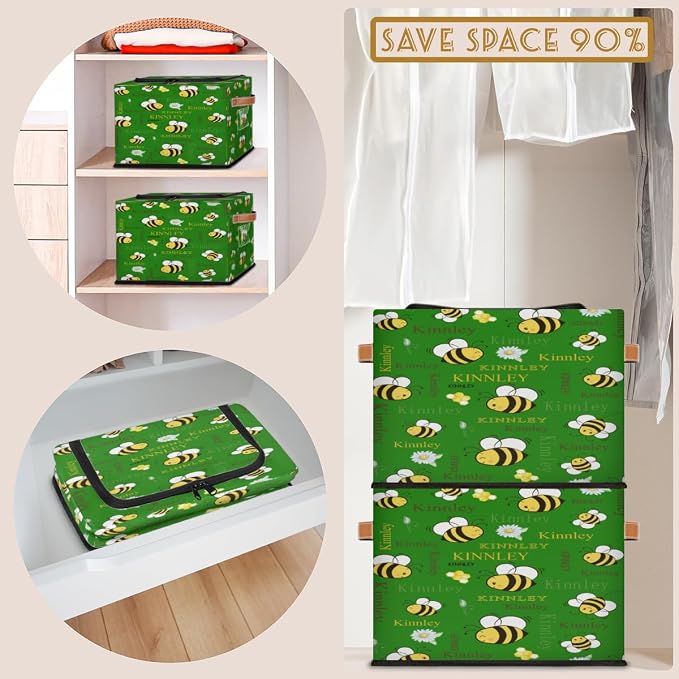 Custom Name Storage Bin with Lid Zipper, Personalized Rectangular Storage Basket with Handles for Organizing Girls Toys Office Closet Shelf Baskets, Cartoon Bee with Daisy Floral Deep Green