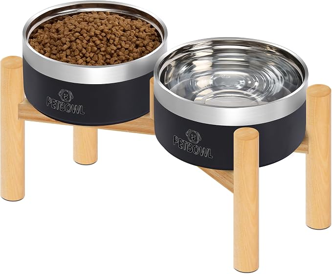 UPSKY 27oz Elevated Stainless Steel Dog Bowls Non-Slip Wooden Stand Black | Double Bowls, Raised Feeding, Reduces Neck Strain, For Small & Medium Dogs, Food and Water Use Indoor & Outdoor