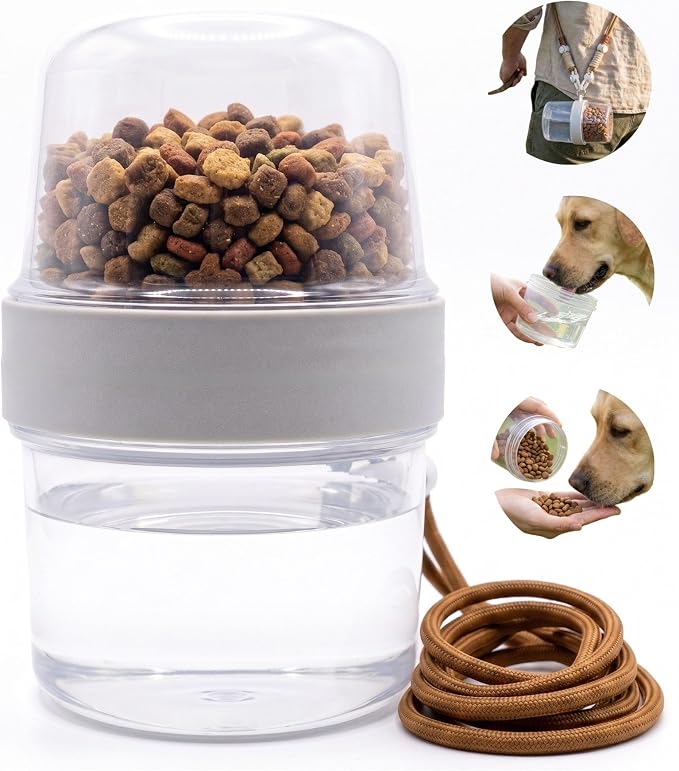 Portable Pet Travel Water Bottle and Food Container - 2-in-1 Detachable Dog Travel Cup for Walking, Hiking and Traveling - Leak-Proof, BPA Free & Food Grade Safety Material (Gray, Medium Size)
