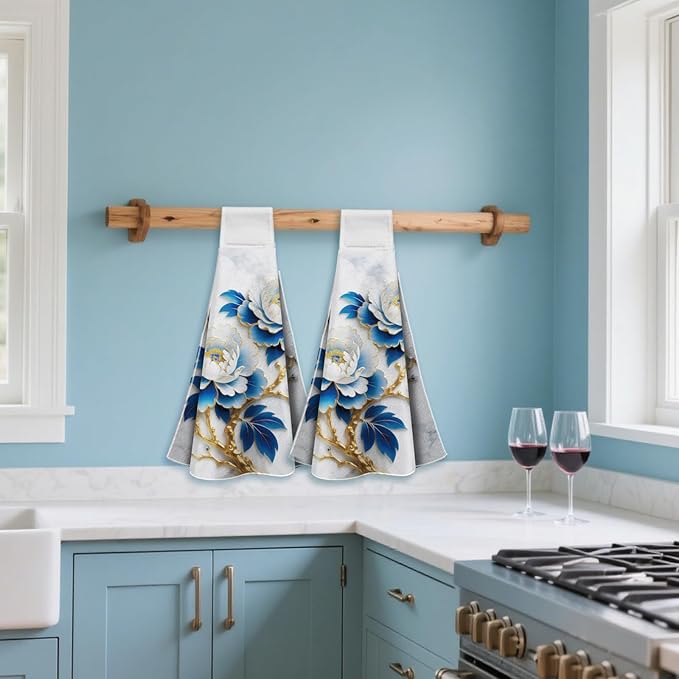 CUTHOLLOW Blue Gold-Edged Peony Hanging Kitchen Towels with Loop, Set of 2 - Soft & Super Absorbent Microfiber Decorative Hanging Dish & Hand Towel, Tea, Coffee Towel for Kitchen Bathroom Oven Handle
