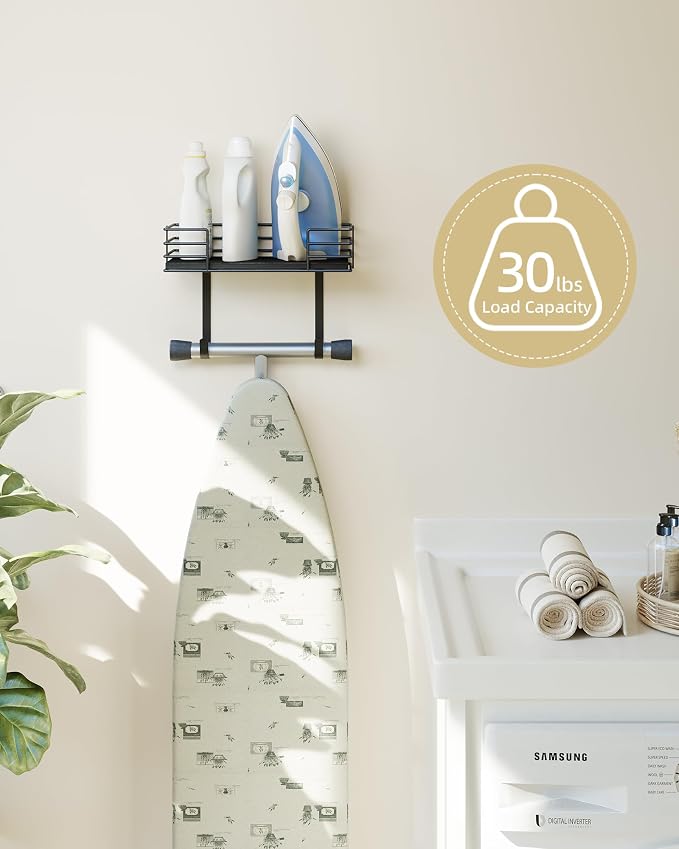 Ironing Board Holder Wall Mount, Metal Ironing Board Hanger with Shelf Laundry Room Decor and Accessories Iron Holder for Laundry, Fits T-Leg Ironing Board, Industrial Decor, Black