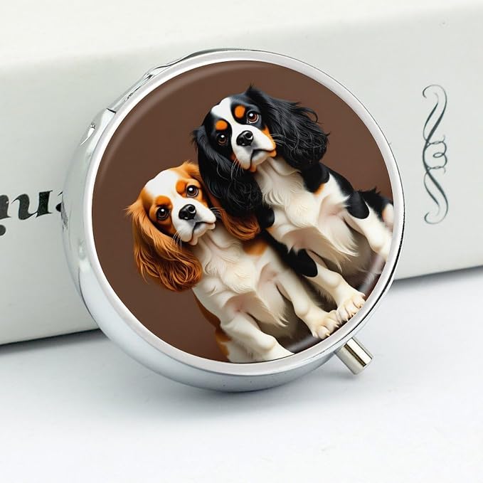 Cute Pet Dog Metal Pill Organizer with Mirror, 3-Compartment Travel Pill Box, 2-Inch Round Pocket Medicine Case with Secure Latch, Portable Vitamin Holder for Women & Men
