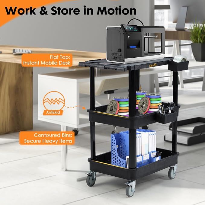 3-Tier Flat Top & Deep Tub Rolling Utility Cart, 27.5 x 18.25 in | 330 lbs Capacity, Heavy Duty Plastic, 4-Inch Wheels, Service Cart, Work Cart, Storage Organizer, Office Workshop Warehouse