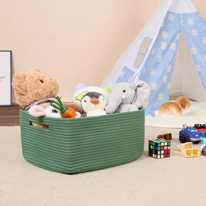MiniArk Large Storage Baskets for Shelves, 17 x 13 x 7.5” Closet Organizers Bins for Clothes Blanket Towels, Baby Nursery, Toy Baskets Box, Woven Rope Baskets, 3 Packs Green