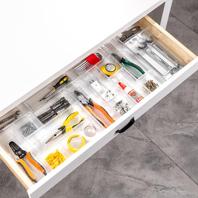 DCA 25 PCS Clear Plastic Drawer Organizer Trays, Storage Bins | Makeup, Kitchen & Jewelry | Multi-size Bathroom Bins | Office | Versatile Organization Solution | Easy to Clean