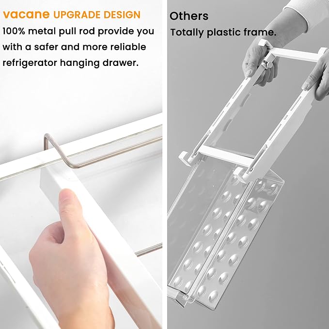 vacane Fridge Organizer Drawer, Clear Plastic Fridge Organizer Bins, Add on Refrigerator Drawer,Fridge Storage Container Under Shelf Holder for Fruit, Vegetable, Meat, Cheese, Easy to Install-M