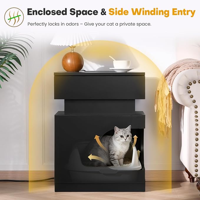 18" Pet Nightstand Charging LED Cat Cave Storage Drawer Side Table Black | Built-in charging: 2 AC outlets, 2 USB-A & Type-C ports, LED soothes pets at night, cushioned cave, drawer stores supplies