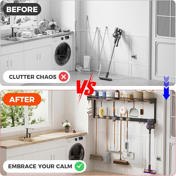 Broom Holder Wall Mount with Shelf,Broom Hanger,3 in 1 Broom and Mop Organizer Wall Hanging for Laundry,Garage,Utility,Broom Rack,Vacuum Stand Alternative,Cleaning Supplies Organizer Storage,Black,XL