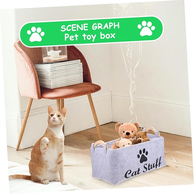Wakauto Pet Organizer Bin with Handles Felt Storage Basket for Dog and Cat Accessories Portable Square Chest Container for Tidy Storage and Home Gray